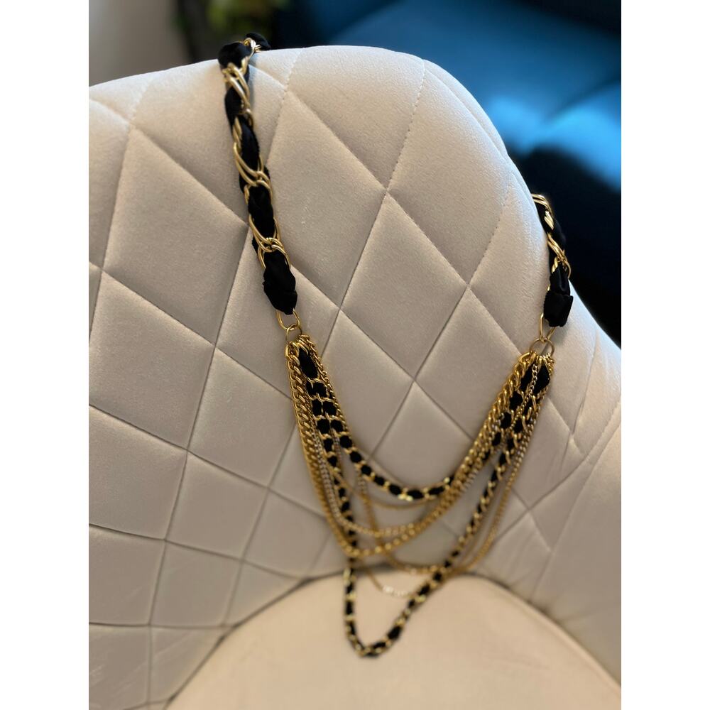 Vintage Chanel Style Gold Multi-Strand Chain & Black Ribbon Woven Necklace